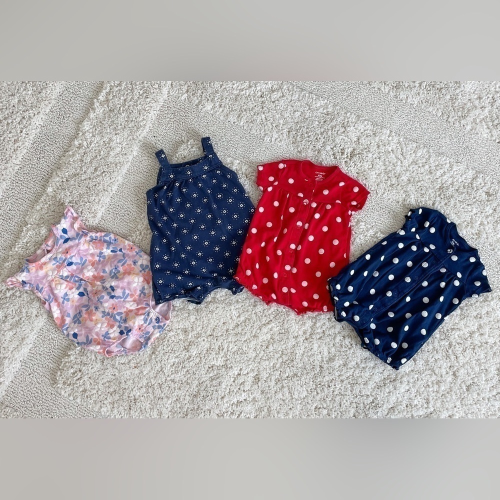 Carter’s | Baby Girl Romper Bundle | Blue, Red, & Pink | Size 6 Months